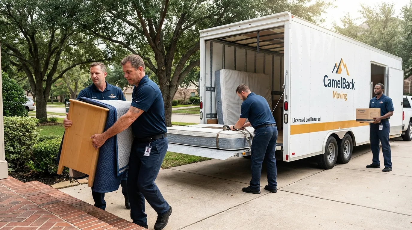 Crew loading residential truck for cross-state move from Levant, ME