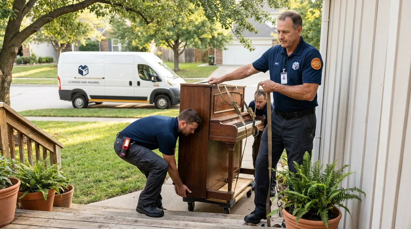 Licensed piano movers securing grand piano in Levant, ME