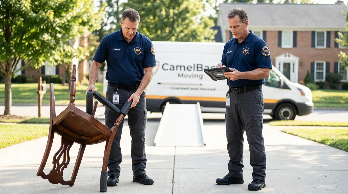 Movers inspecting furniture for damage prevention before loading in Levant, ME
