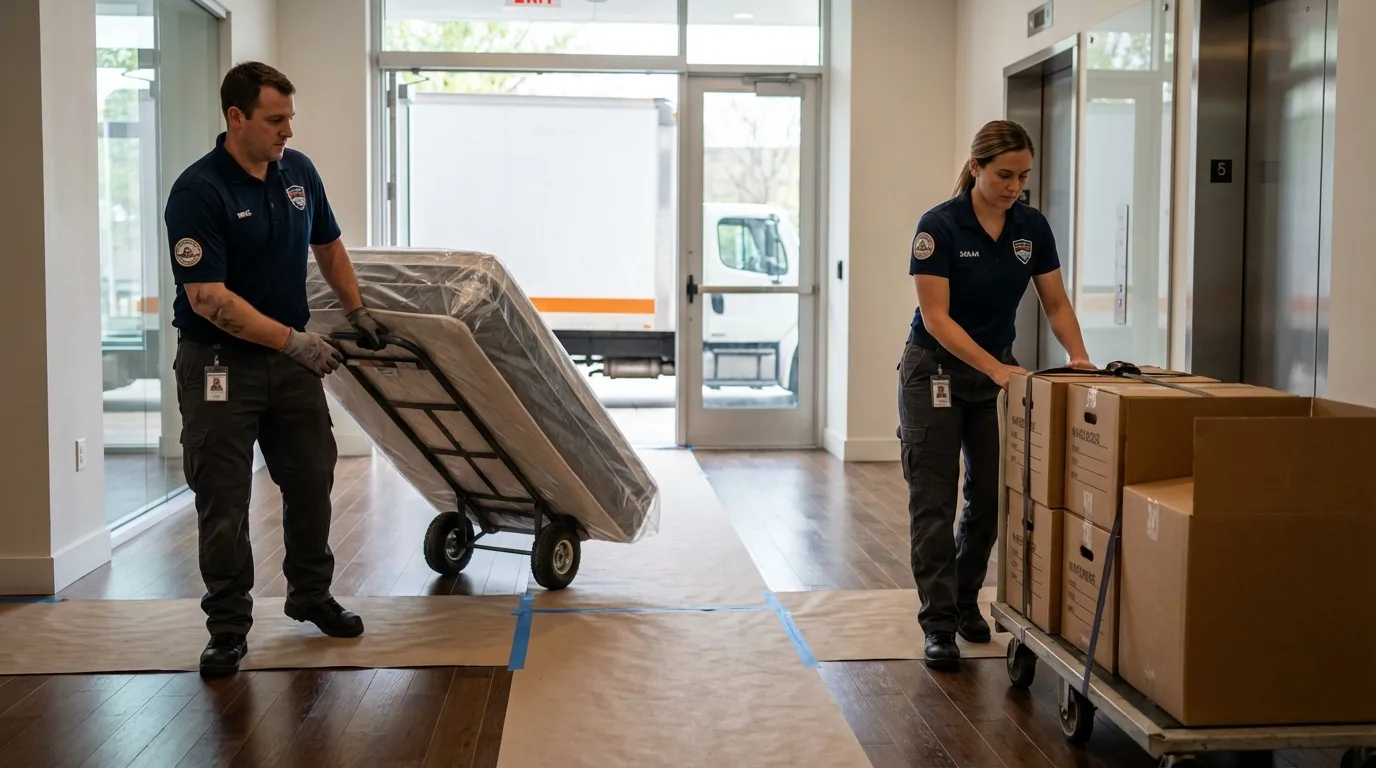 Professional apartment movers loading elevator in Levant, ME